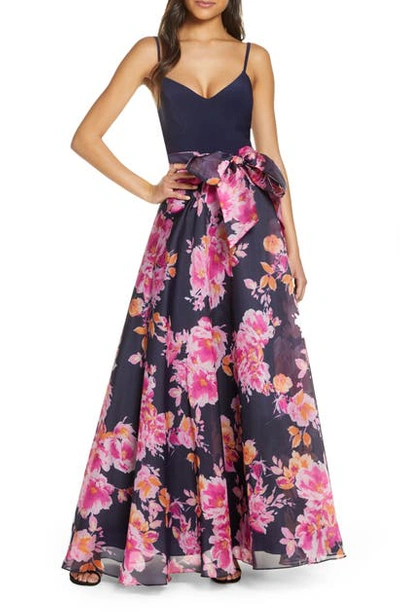 Eliza J Petite Floral-print Ball Gown In Navy