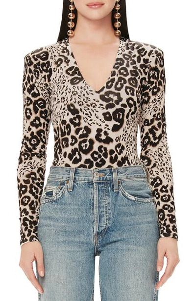 Afrm Sybil Long Sleeve Thong Bodysuit In Leopard Patchwork