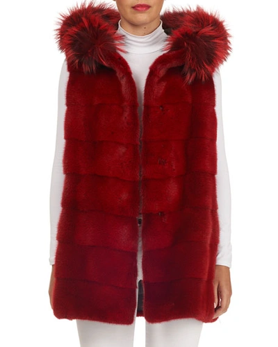 Maurizio Braschi Horizontal Mink Fur Waistcoat With Fox Hood In Red