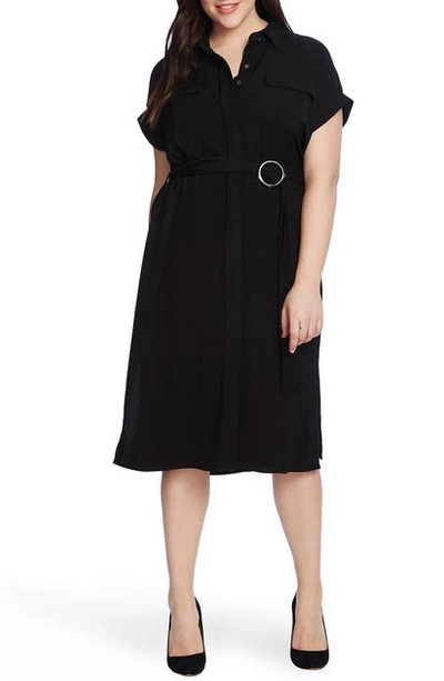 Vince Camuto Belted Cuffed-sleeve Shirtdress In Rich Black