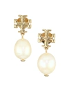 TORY BURCH GOLDTONE LOGO & CULTURED PEARL DROP EARRINGS,400012297939