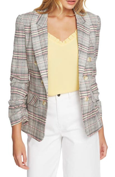1.state Cassia Ruched Sleeve Plaid Blazer In Cherry Blossom