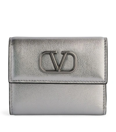 Valentino Garavani Vsling Mini Vitello Laminato Trifold Wallet In Silver