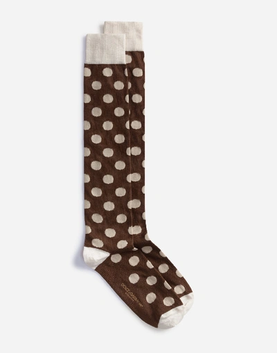 Dolce & Gabbana Stretch Cotton Jacquard Socks With Large Polka-dots In Brown