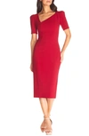 Dress The Population Ruth Asymmetrical Neck Midi Dress In Garnet