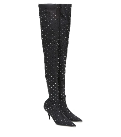 Balenciaga Women's Knife Crystal-embellished Satin Thigh-high Boots In Black