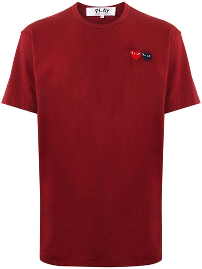 Comme Des Garçons Play Double Heart-embroidered Cotton-jersey T-shirt In Red