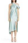 Cushnie Off-the-shoulder Asymmetric Silk Slip Dress In Sea Green