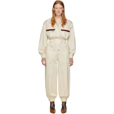 Gucci Long-sleeve Cotton Panama Jumpsuit In Beige