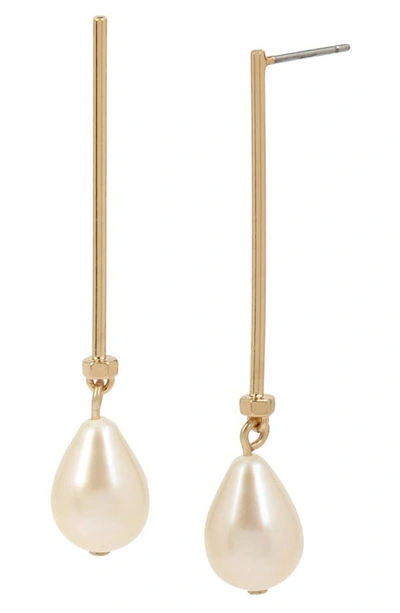 Allsaints Bar & Simulated Pearl Linear Drop Earrings In White/gold
