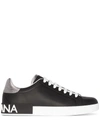 Dolce & Gabbana Portofino Sneakers In Black Leather With Silver Inserts In Black