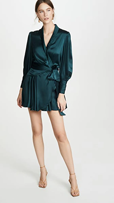 Zimmermann Bishop-sleeve Silk Wrap Mini Dress In Green