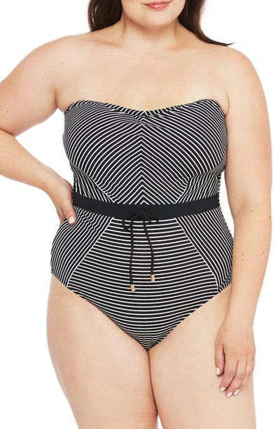 La Blanca Plus Size Pinstriped Bandeau One-piece Swimsuit Women's Swimsuit In Black And White