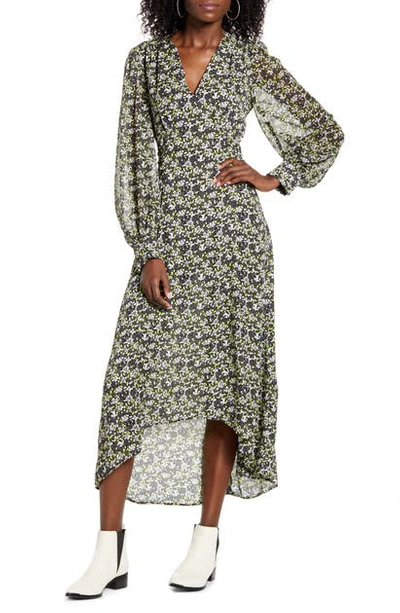 Topshop Idol Floral Print Long Sleeve High/low Dress In Green Multi