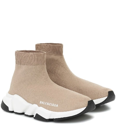 Balenciaga Speed Lt Logo-print Stretch-knit High-top Trainers In Beige,white