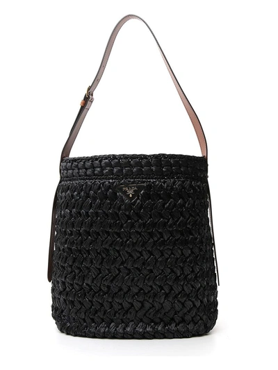 Prada Logo Plaque Woven Shoulder Bag In Black