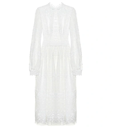 Costarellos Embroidered Tulle Midi Dress In White