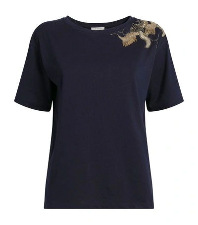 Sandro Jewelled Patch Cotton T-shirt In Blue