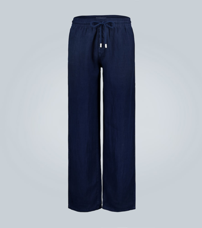 Vilebrequin Linen Regular Fit Drawstring Trousers In Blue