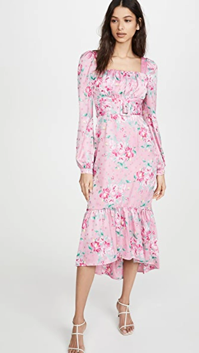 Wayf Floral Belted Bustier Long Sleeve Satin Ruffle Dress In Pink Floral