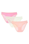 On Gossamer 3-pack Cabana Cotton Hip Bikinis In Lime Cream/salmon Rose/rosewater