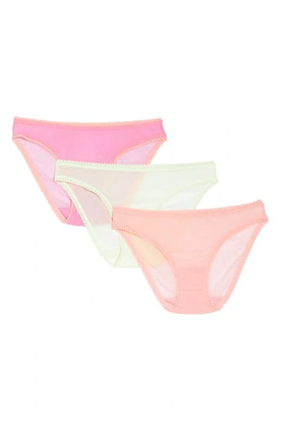 On Gossamer 3-pack Cabana Cotton Hip Bikinis In Lime Cream/salmon Rose/rosewater