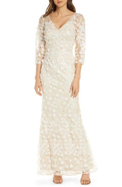Carmen Marc Valvo Infusion Floral Applique Trumpet Gown In Champagne