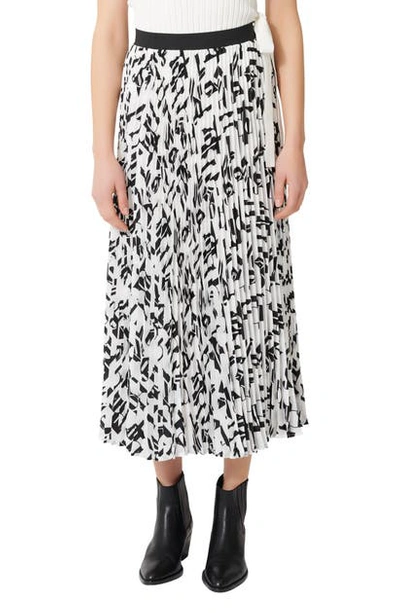 Maje Jemo Printed Plissé Crepe De Chine Midi Skirt In White/black