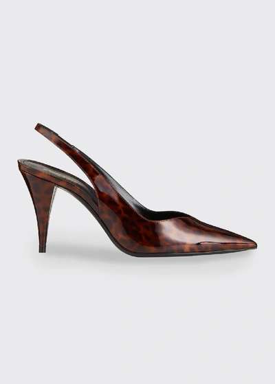 Saint Laurent Kiki 85mm Tortoise Patent Slingback Pumps In Beige