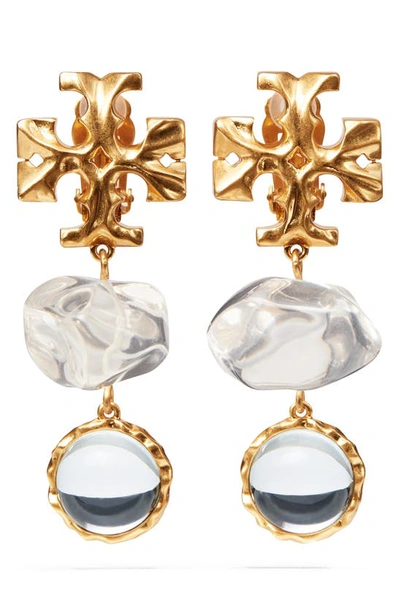 Tory Burch Roxanne Double Drop Clip-on Earrings In Rolled Brass 59 / Clear