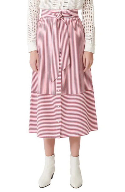 Maje Jousse Striped Tie-front Cotton Midi Skirt In Red/white /