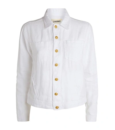 L Agence Aria Cropped Safety Pin Denim Jacket In White