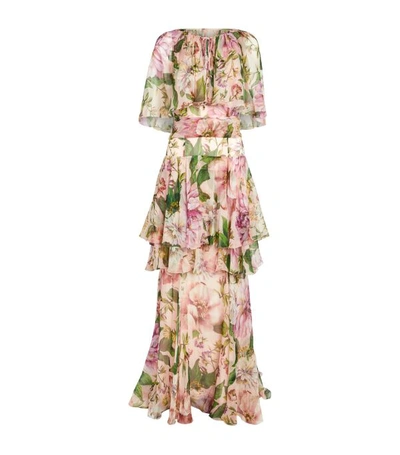Dolce & Gabbana Long Rose-print Chiffon Dress With Cape In Floral Print