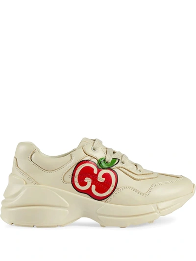 Gucci Kids' Rhyton Apple-print Leather Trainers 3-5 Years In Beige Comb