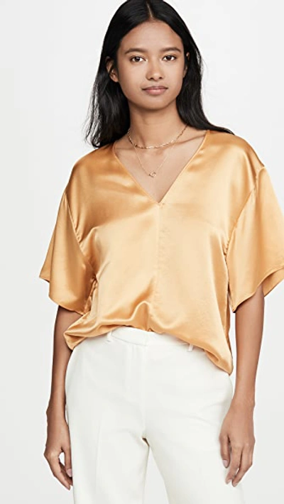 Vince Double V-neck 1/2-sleeve Satin Blouse In Gold