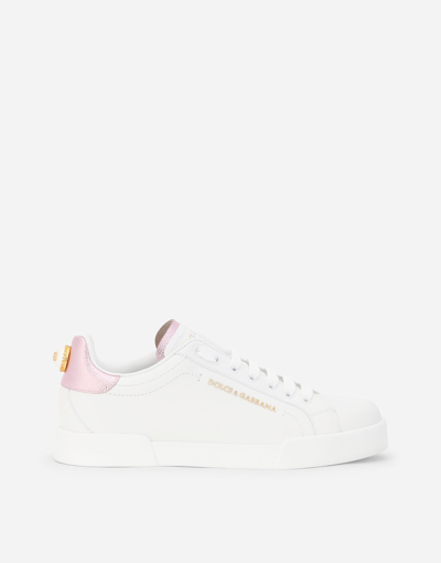 Dolce & Gabbana Portofino Sneakers In Nappa Calfskin With Lettering In White/pink