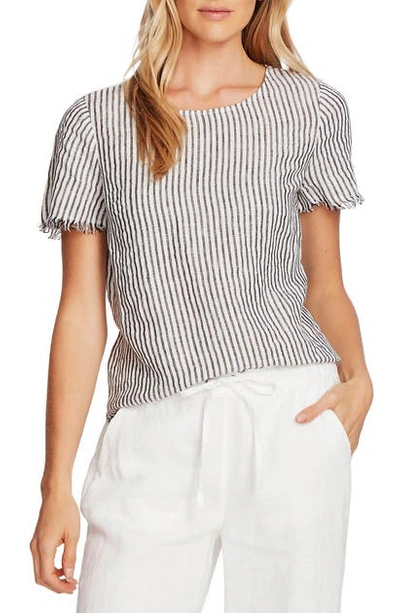 Vince Camuto Frayed-edge Striped Linen Shirt In Rich Black