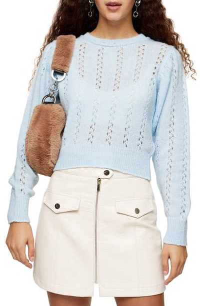 Topshop Idol Pointelle Crop Sweater In Light Blue