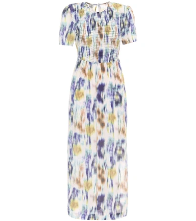 Baum Und Pferdgarten Dance Admaris Tie Dye Smock Bodice Stretch-silk Maxi A-line Dress In White Blue Floral Blur