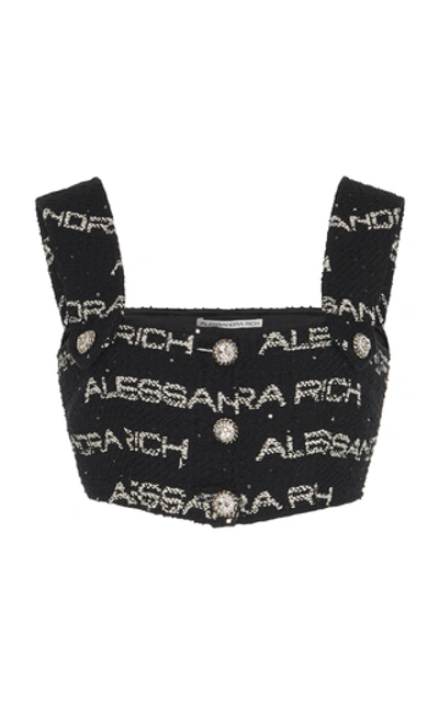 Alessandra Rich Logo Tweed Bra Top In Black