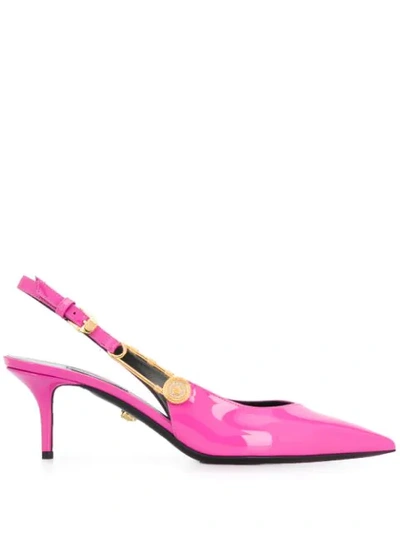 Versace 55 Patent Leather Safety Pin Slingback Kitten Pumps In Pink