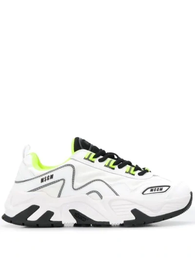 Msgm Neon-trimmed Leather And Neoprene Trainers In White