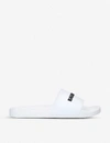 BALENCIAGA BALENCIAGA MEN'S WHITE/BLK LOGO-PRINT RUBBER POOL SLIDERS,31018713