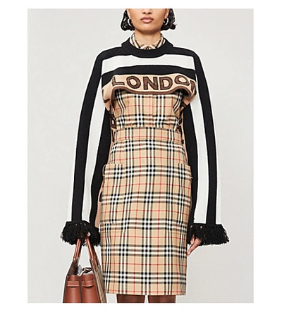 Burberry Striped Fringed-trim Cashmere-blend Jumper In Bridle Brown