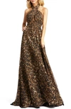 MAC DUGGAL ANIMAL PRINT CROSSOVER HALTER NECK GOWN,67360