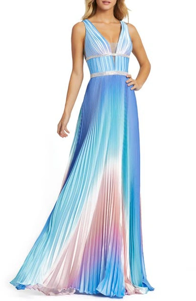 Mac Duggal Pleated Ombre Sleeveless Gown In Blue Ombre
