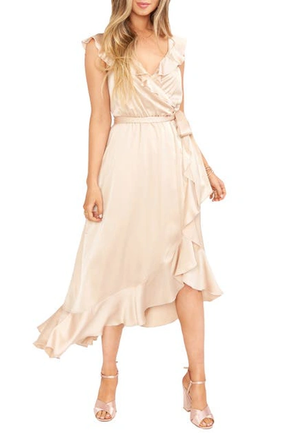 Show Me Your Mumu Samantha Ruffle Satin High/low Faux Wrap Dress In Champagne Luxe Satin