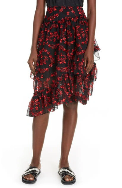 Simone Rocha Embroidered Asymmetrical Tulle Skirt In Black/ Red