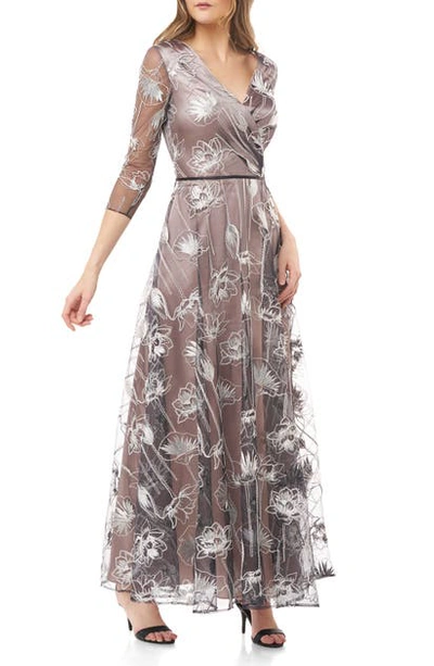 Js Collections Embroidered Chiffon A-line Gown In Black Nude