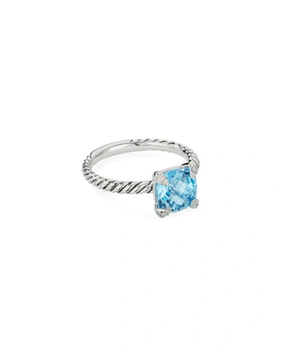 David Yurman Chatelaine Cushion Ring With Gemstone And Diamonds In Silver, 8mm In Blue Topaz